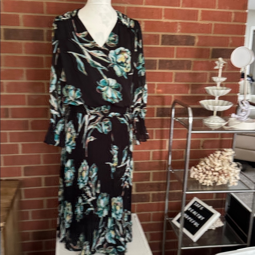Chico’s Crepe Pleated Smoked Waistband Floral Print Midi Dress